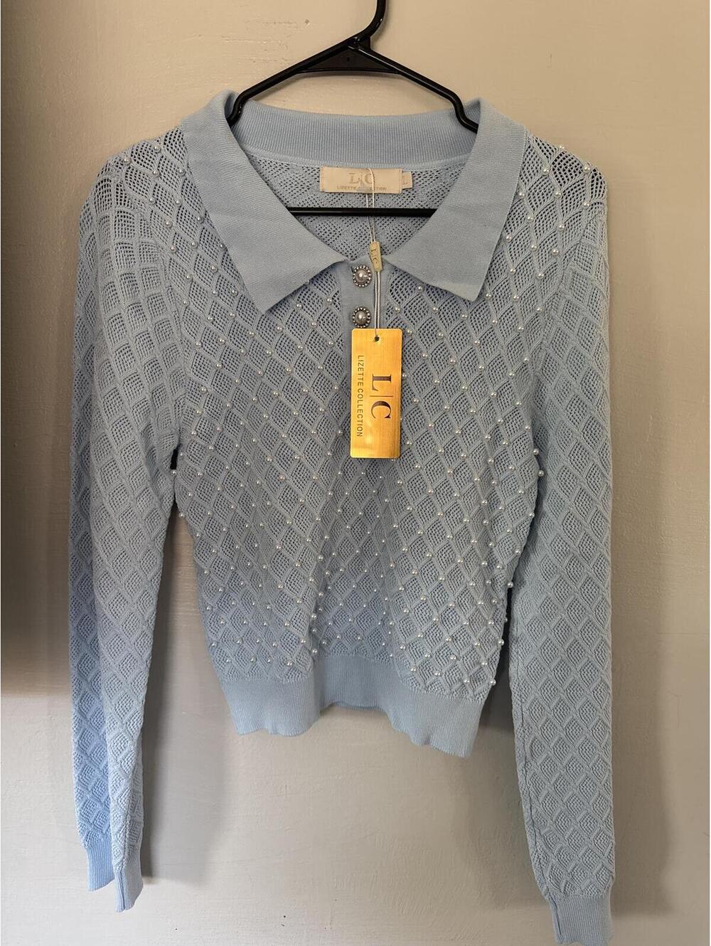 Lizette Collection NWT Pearl Knit Sweater Baby Blue Polo Collar Large